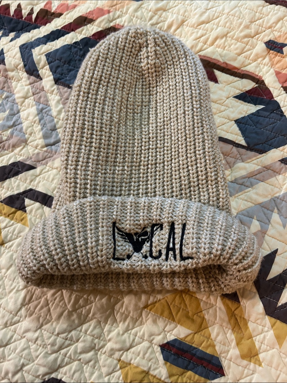LOCAL Embroidered Knit Beanie in Heather Beige